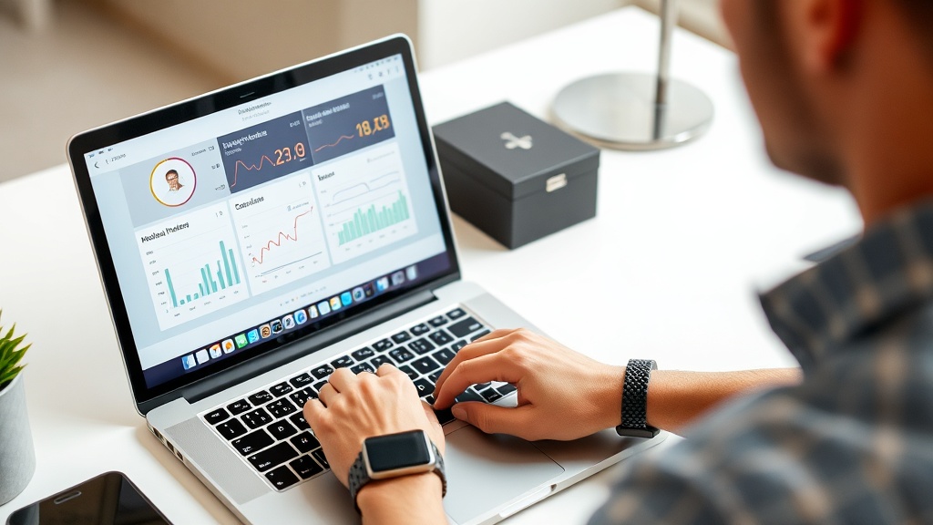 책상 위에 놓인 노트북 화면의 건강 통계 그래프와 손목의 스마트워치를 번갈아 확인하는 장면