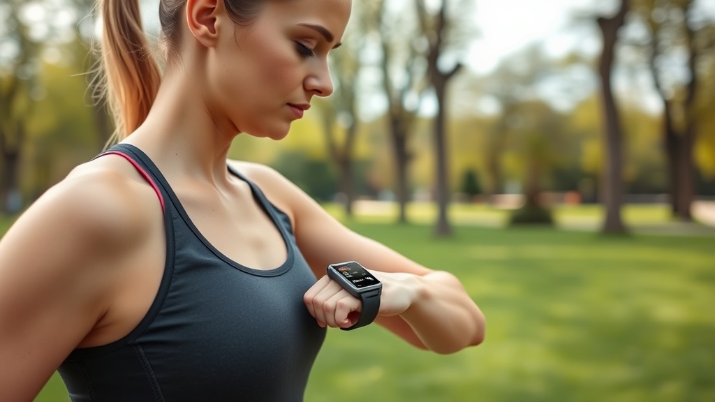 공원에서 러닝을 멈추고 스마트워치의 운동 기록 화면을 진지하게 확인하는 사람의 모습
