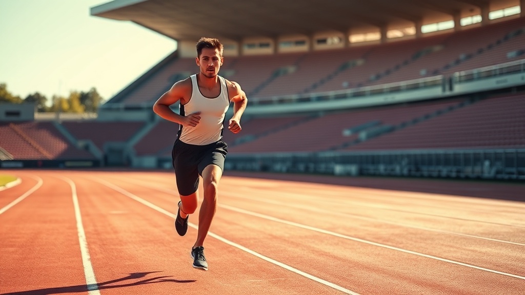 육상 트랙 위에서 페이스를 조절하며 달리고 있는 러너의 모습