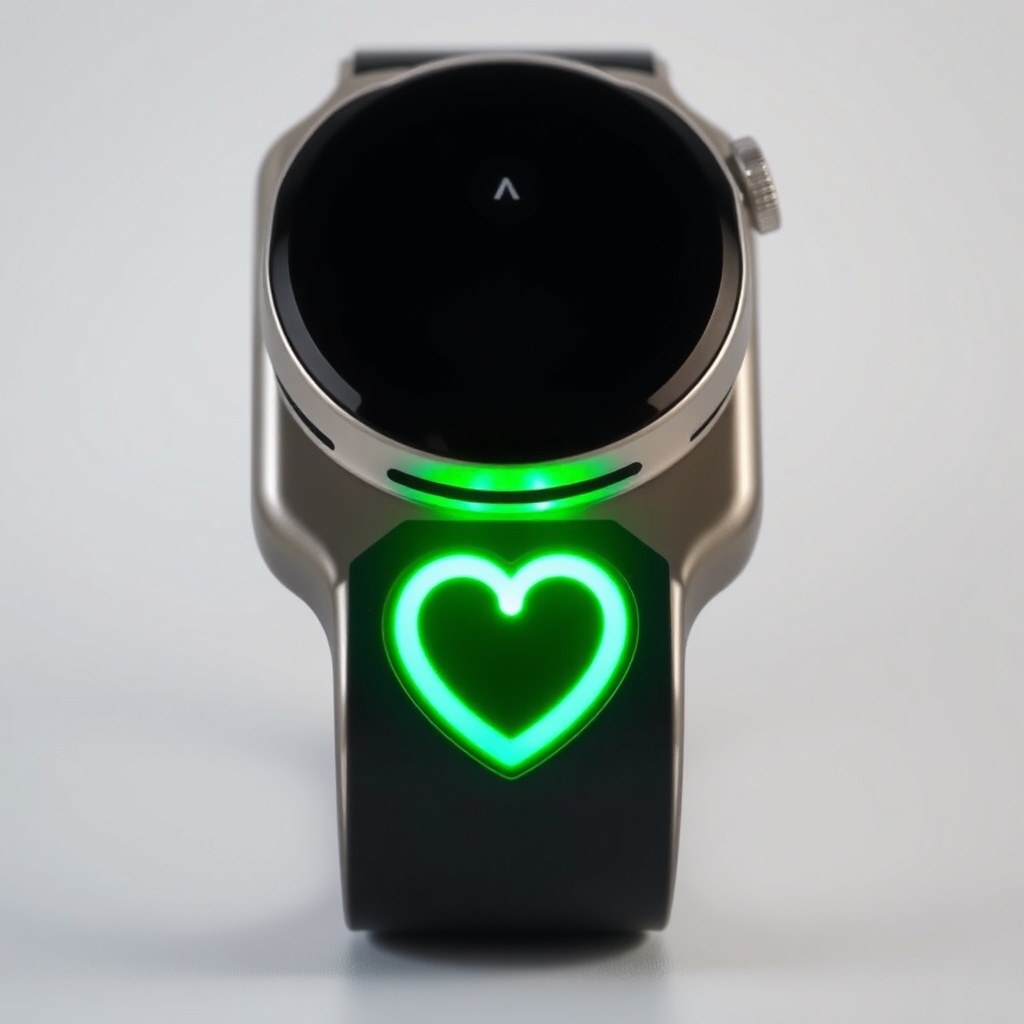 스마트워치 뒷면의 광학 심박 센서가 초록색 빛을 내며 작동하는 모습으로 정확한 측정을 위한 밀착 착용의 중요성을 암시함